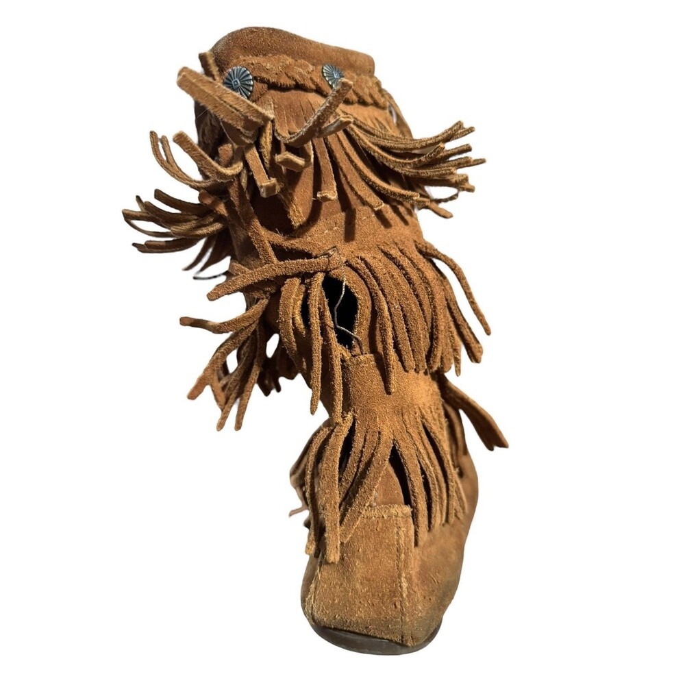 Minnetonka Youth Girls Size 2 Brown Suede Three Layer Fringe Zip Up Boot READ - Picture 2 of 7